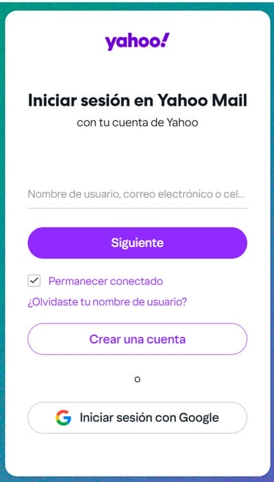 Captura de pantalla, iniciar sesión o crear cuenta en Yahoo mail