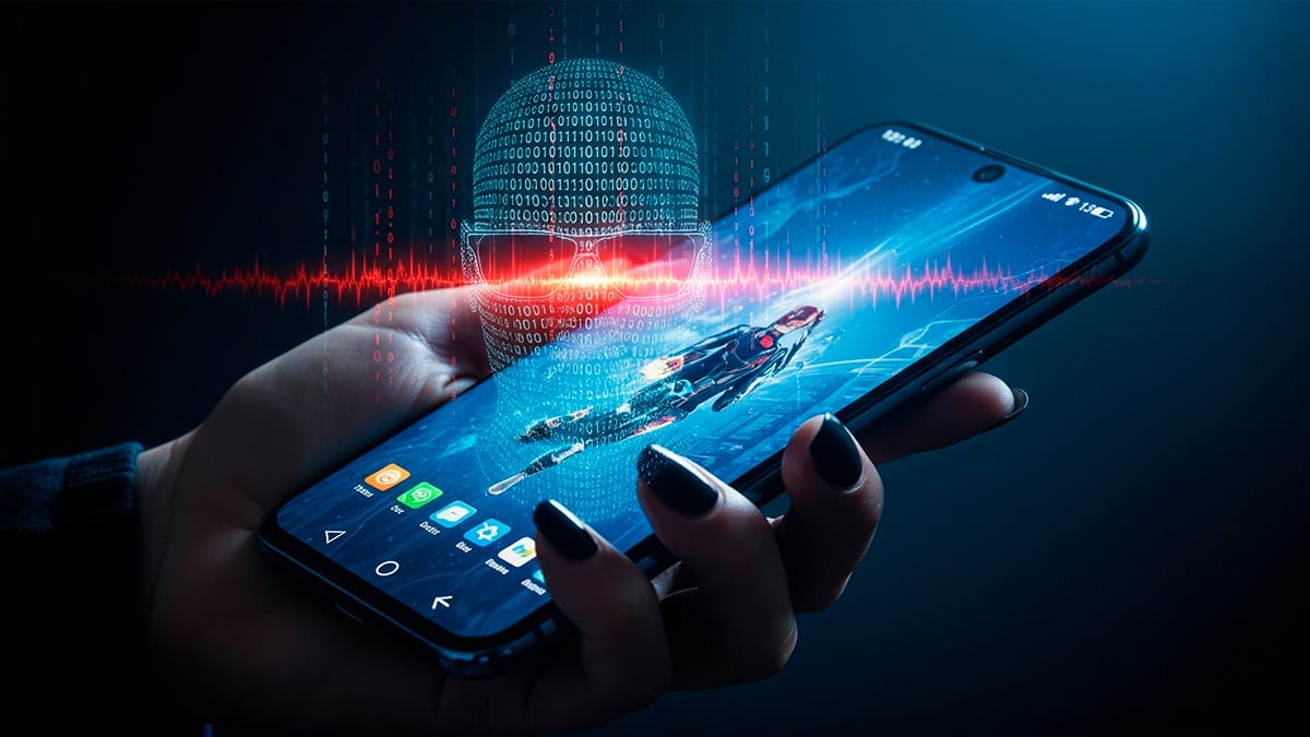 Mano sosteniendo un smartphone moderno con un juego en línea en la pantalla, mientras una cara de hacker hecha de código binario simboliza el riesgo de fraude y robo de identidad.