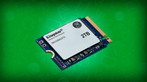 ilustación de laUnidad de amiento sólido compacto NV3 PCIe 4.0 NVMe 2230 SSD, en fondo verde.