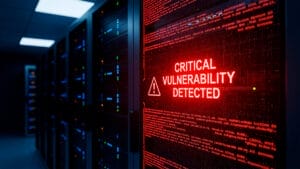 Ilustración de una alerta de seguridad crítica en un servidor de SharePoint. Se ve una pantalla en una sala de servidores con el texto 'CRITICAL VULNERABILITY DETECTED' en rojo, representando la necesidad de instalar el parche de emergencia de Microsoft para las vulnerabilidades zero-day.