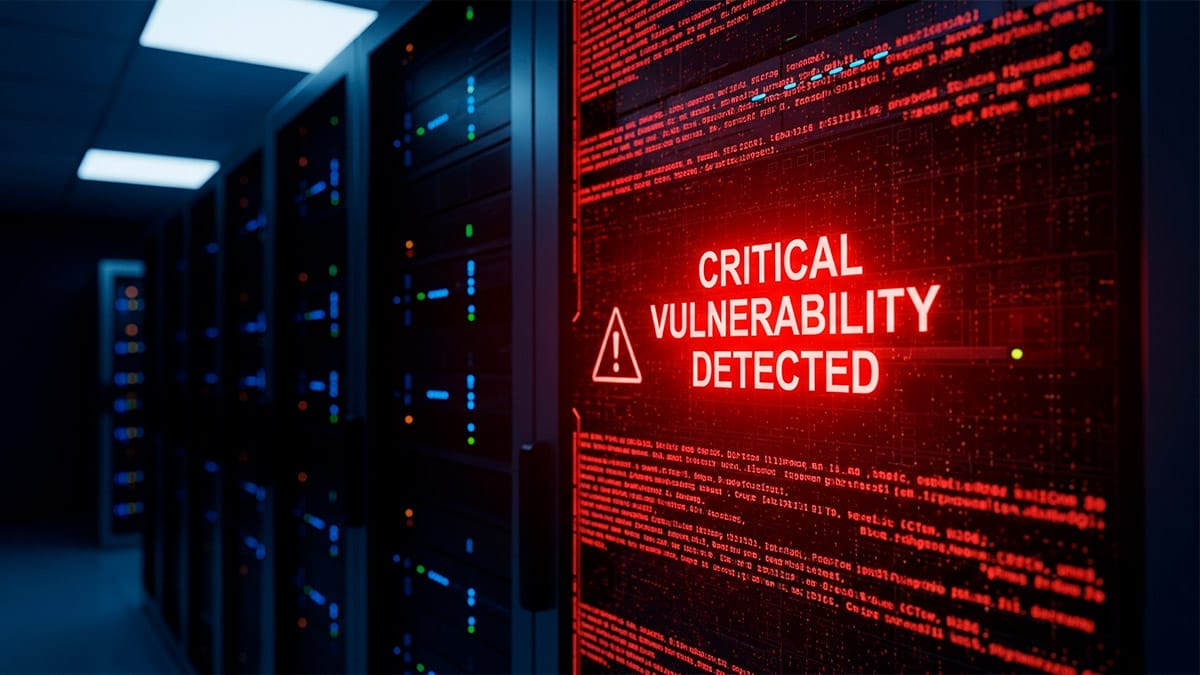 Ilustración de una alerta de seguridad crítica en un servidor de SharePoint. Se ve una pantalla en una sala de servidores con el texto 'CRITICAL VULNERABILITY DETECTED' en rojo, representando la necesidad de instalar el parche de emergencia de Microsoft para las vulnerabilidades zero-day.