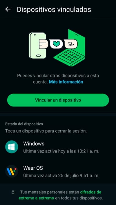 Captura de pantalla de WhatsApp, de dispositivos vinclulados