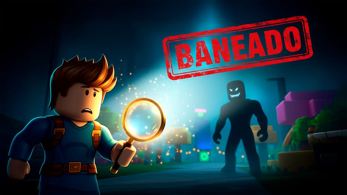 Ilñustración donde se muestra a un personaje de ROBLOX con una lupa, haciendo referencia a que Banearon a RealSchlep por exponer a depredadores de infantes en ROBLOX
