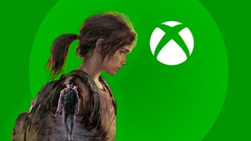 Imagen de Ellie con un logo de Xbox, todo en fondo verde