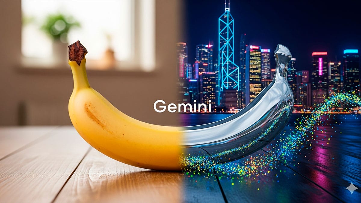 Imagen creada con Nano Banana de Gemini. Un Plátano real que se convierte en metal, con las letras Gemini