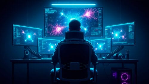 Ilustación de Inteligencia Artificial Local, se muestra a una persona con varios monitores ejecutando IA Local