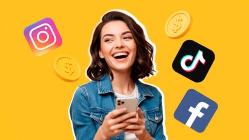 Mercado libre Afiliados, imagen de una mujer feliz sosteniendo un teléfono