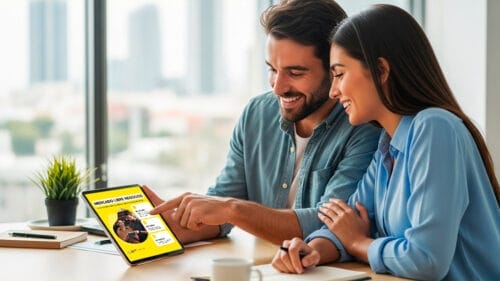 2 personas consultando MercadoLibre Negocios, en una tablet