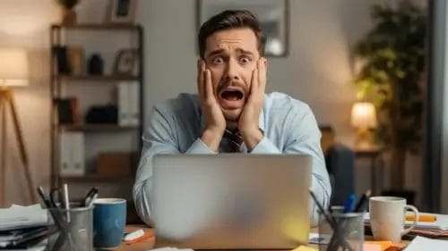 Trabajador preocupado frente a una laptop porque su jefe sabrá que no fue a la oficina, gracias a actualización de Microsoft Teams