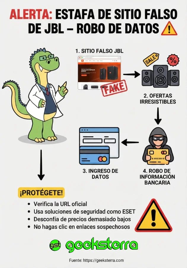 Infografía de estafa de página web falsa de JBL, detectada por ESET