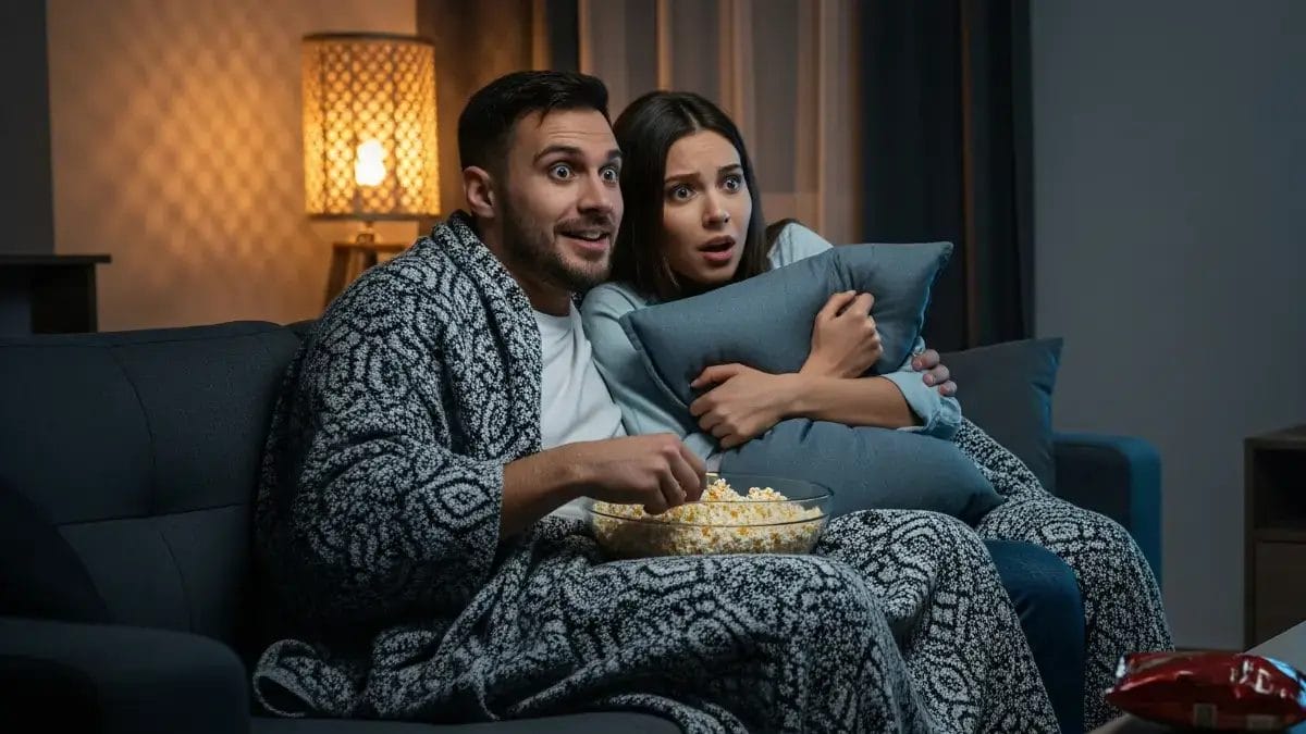 Pareja viendo películas de terror en casa